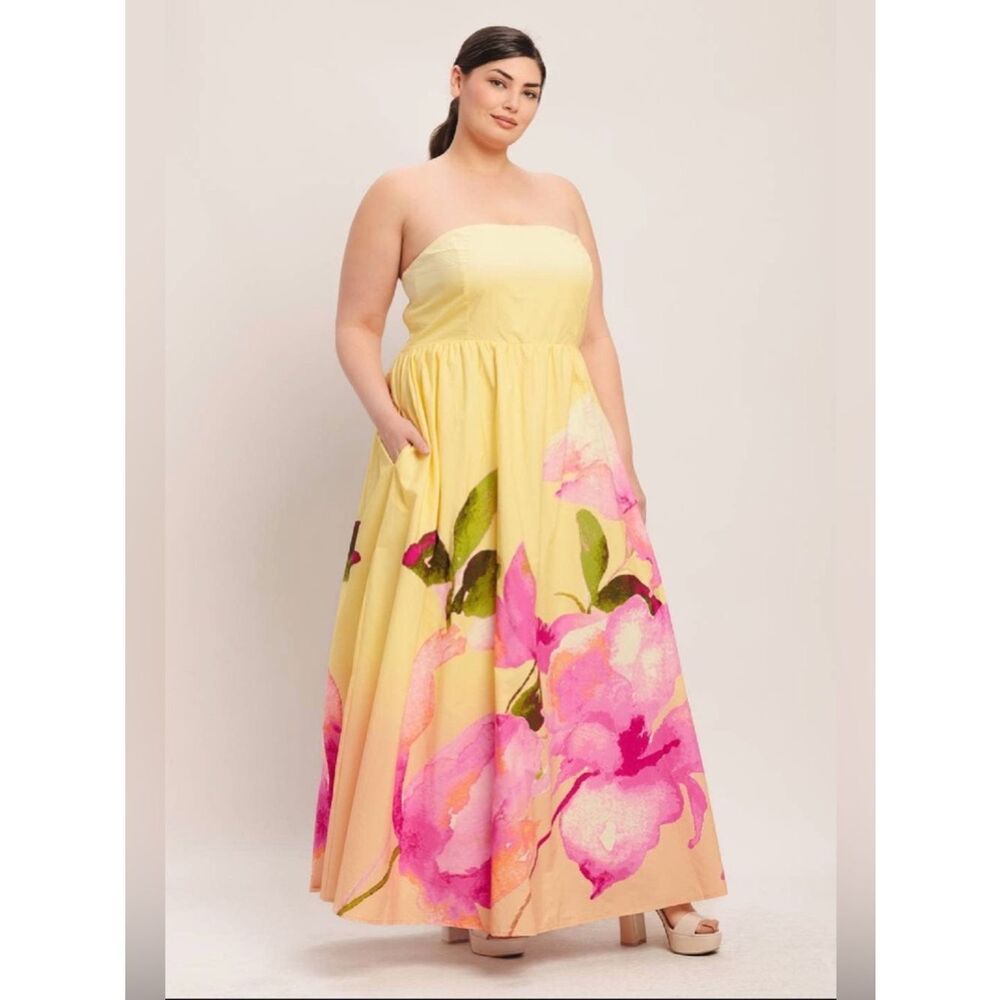 Plus Size Strapless Floral Maxi Dress Yellow Pink Wedding Guest Summer - Picture 5 of 5